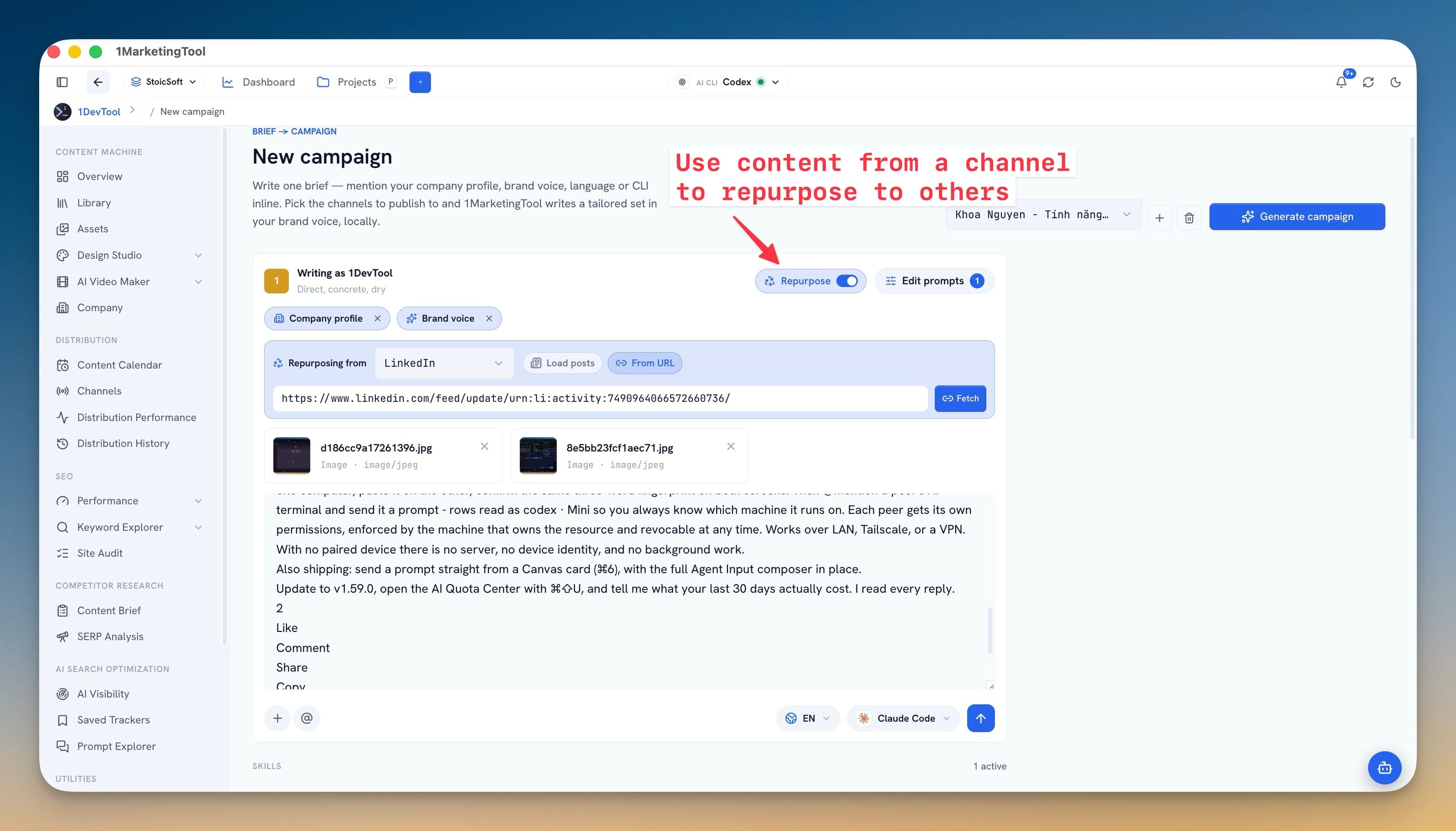 New campaign composer with the Repurpose switch on, Repurposing from set to LinkedIn, a post URL in the From URL field, and two imported images attached