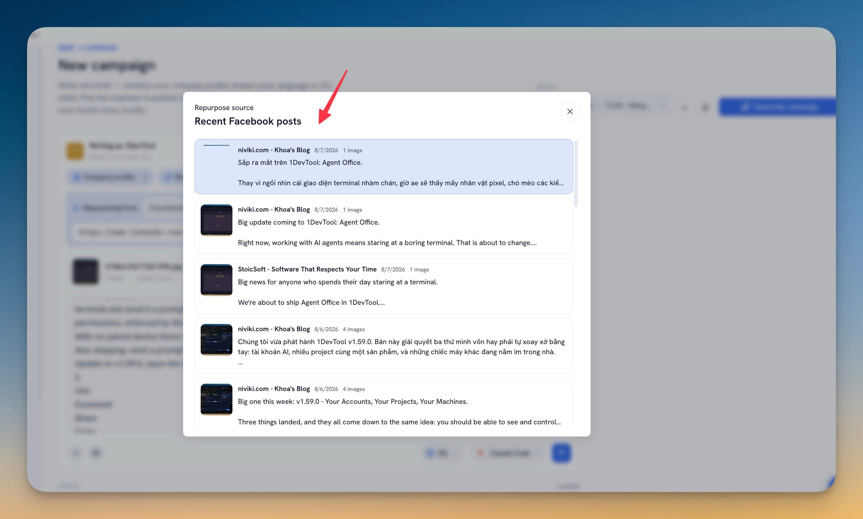 Recent Facebook posts picker listing Page posts with thumbnails, Page names, dates and image counts