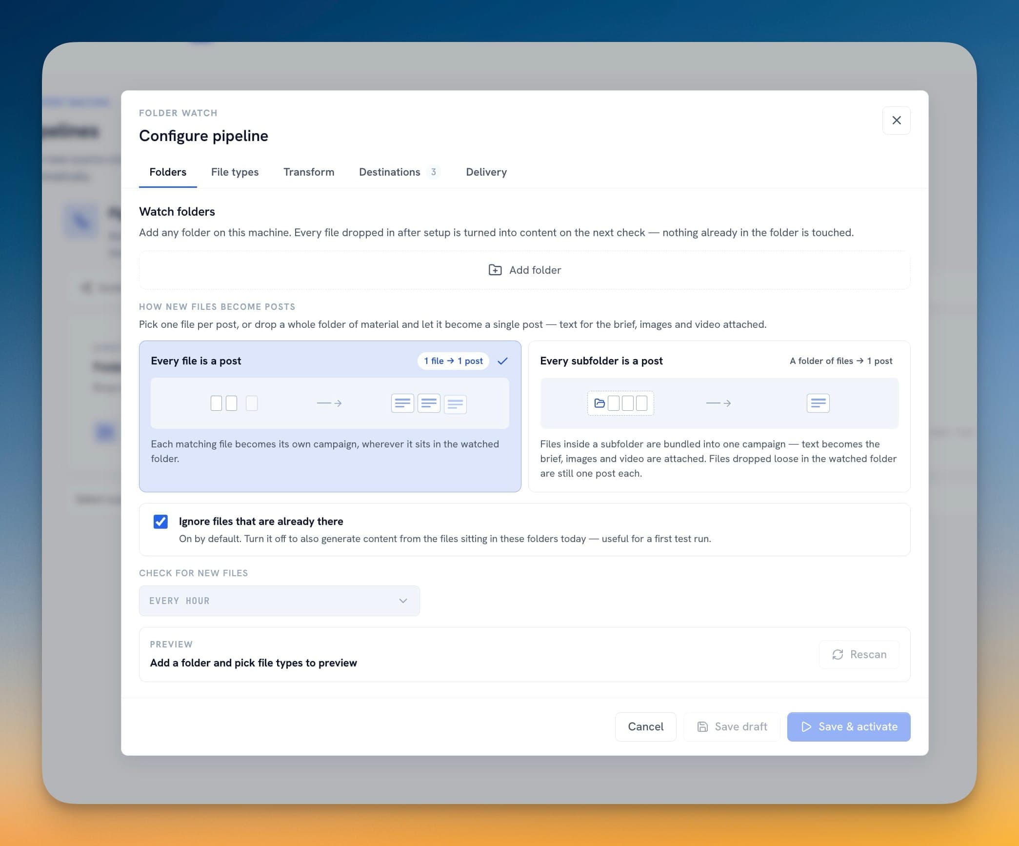 The two grouping modes: Every file is a post and Every subfolder is a post