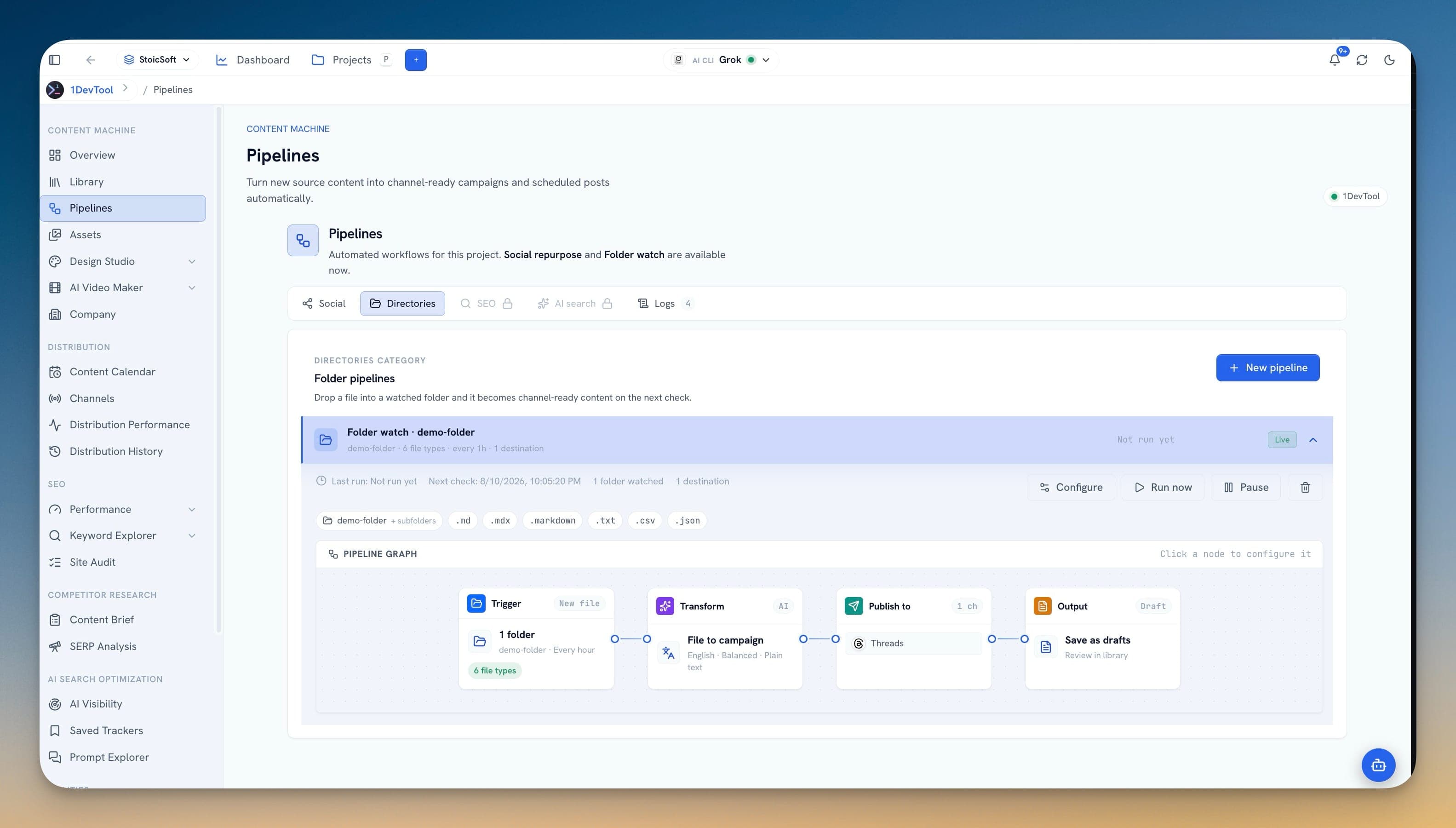 Directories tab with a live folder pipeline, its file type chips, and the File to campaign graph