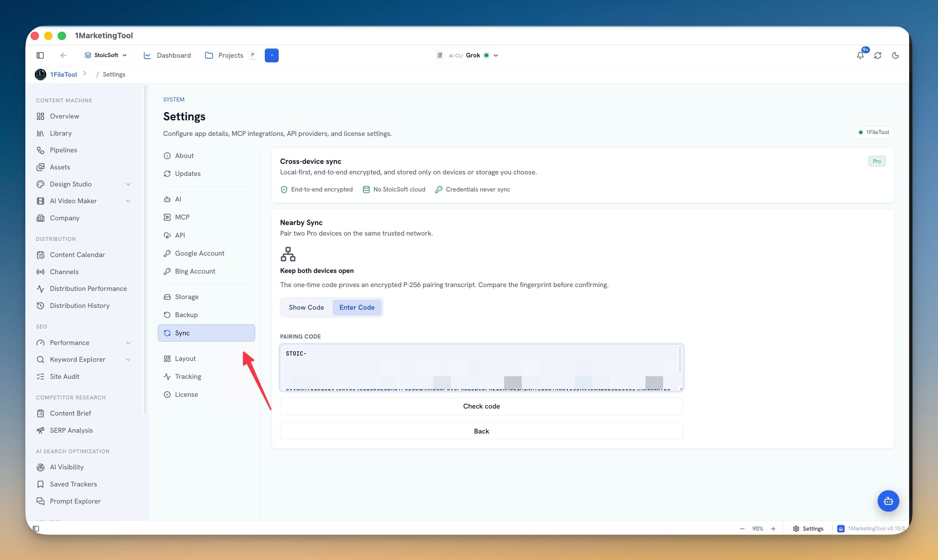 Nearby Sync panel on the Enter Code tab with a pairing code pasted above the Check code button