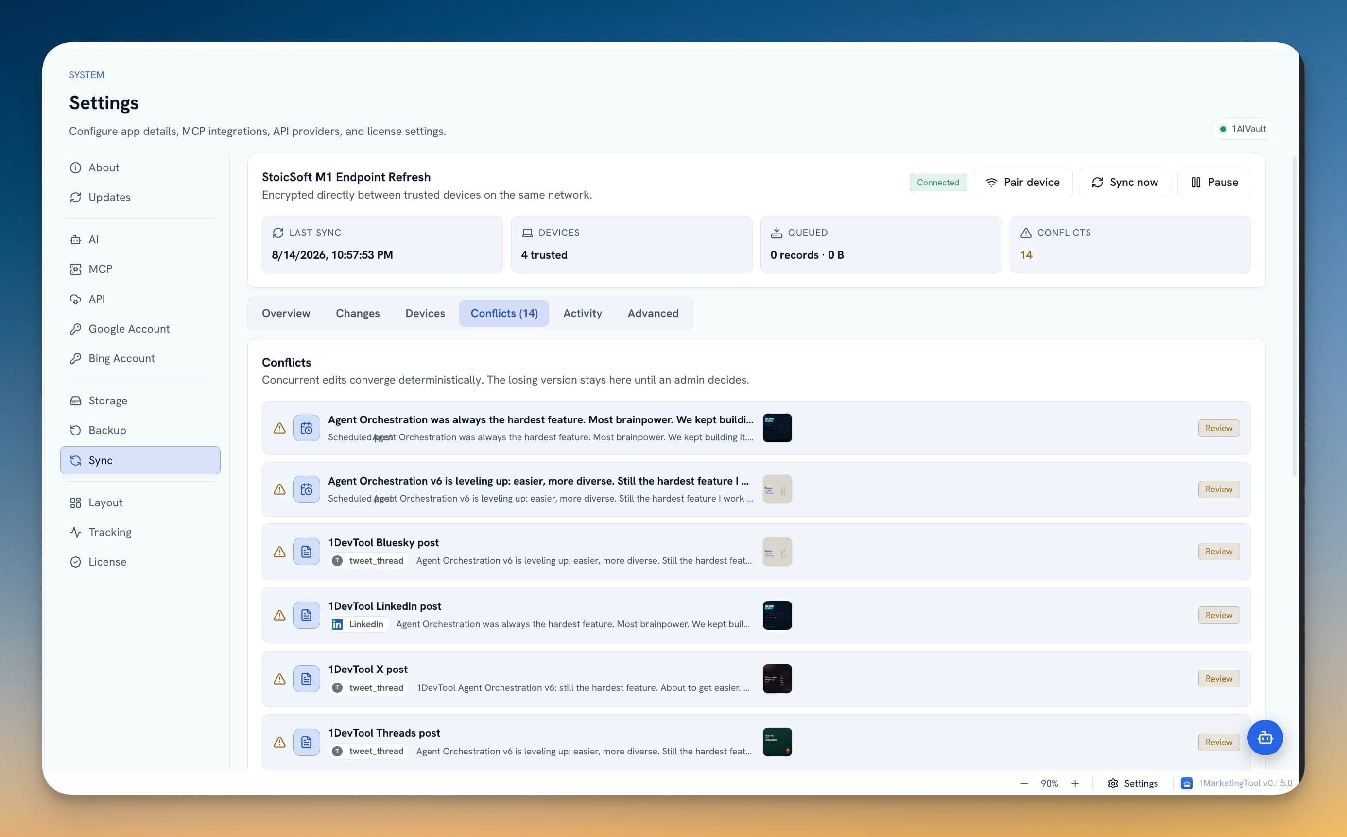 Conflicts tab listing records with concurrent edits, each with a Review badge
