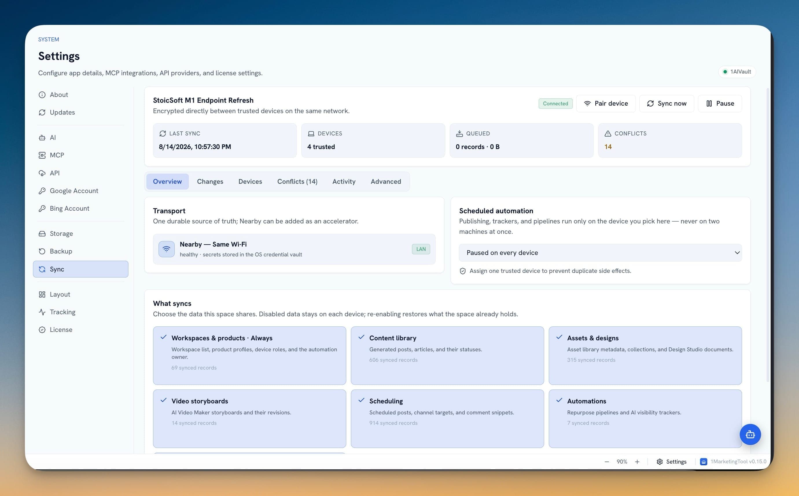 Sync Overview tab with the Nearby transport, the Scheduled automation owner picker, and the What syncs groups with their record counts