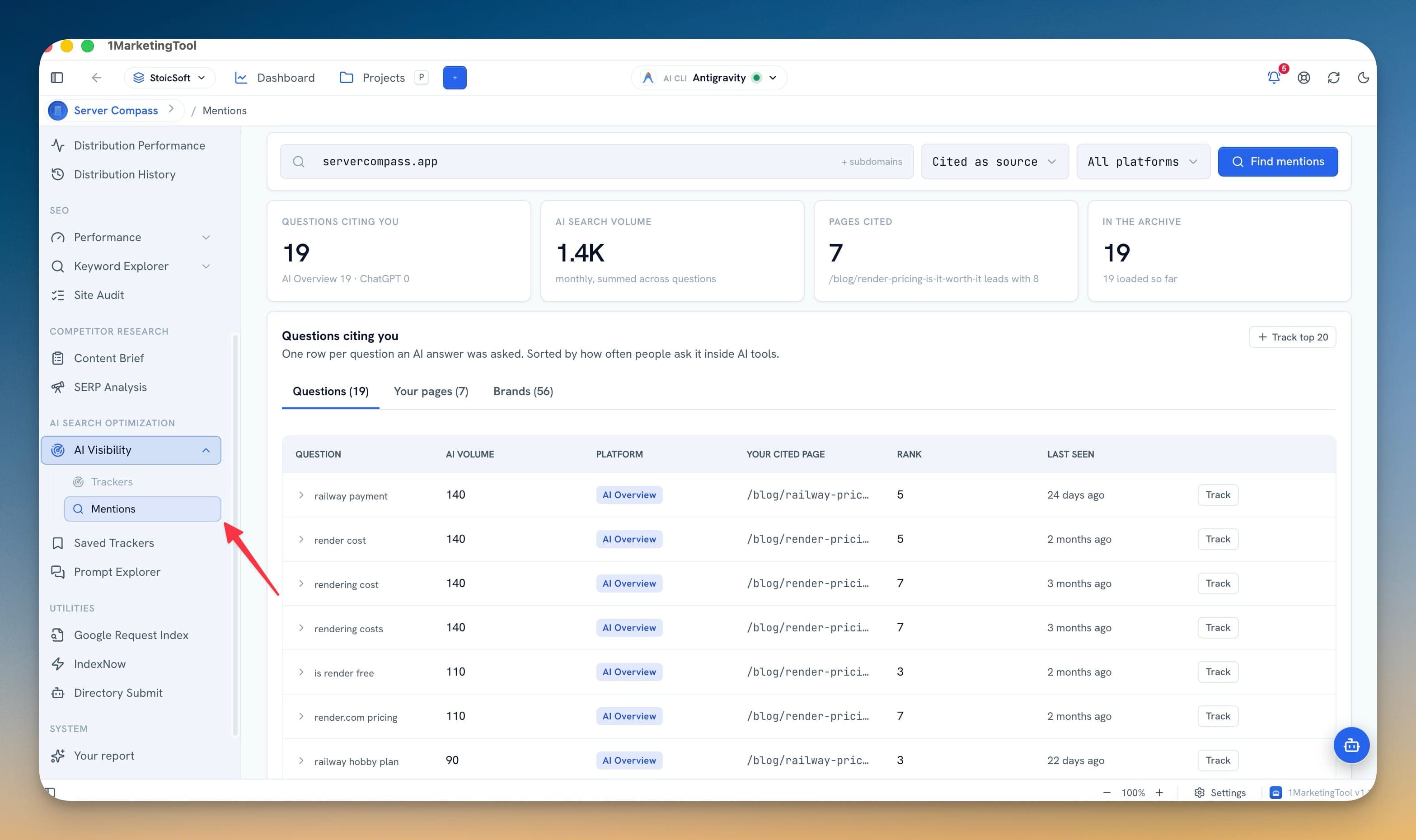 Mentions tab with Questions citing you, AI search volume, Pages cited and In the archive tiles above a table of questions with AI volume, platform, cited page and rank