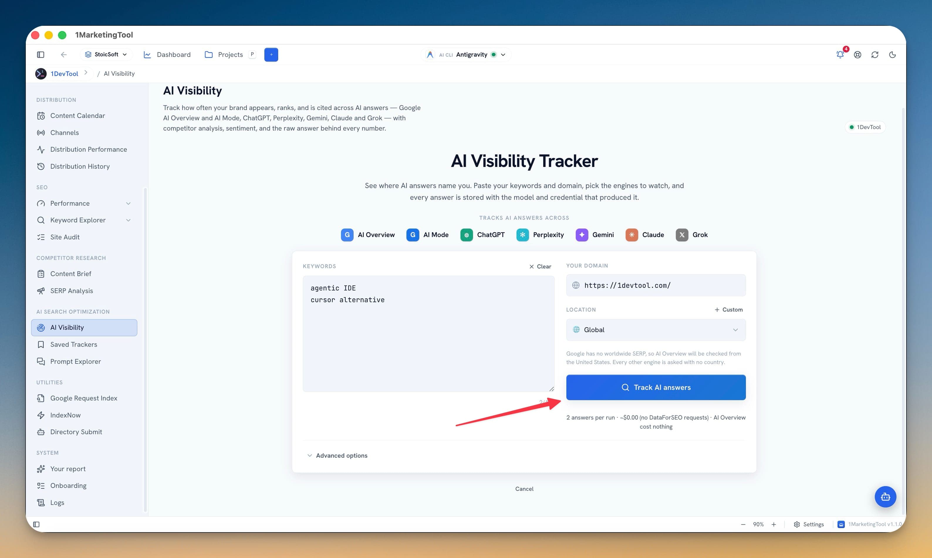 AI Visibility Tracker setup with the engine strip listing AI Overview, AI Mode, ChatGPT, Perplexity, Gemini, Claude and Grok above the keywords and domain fields