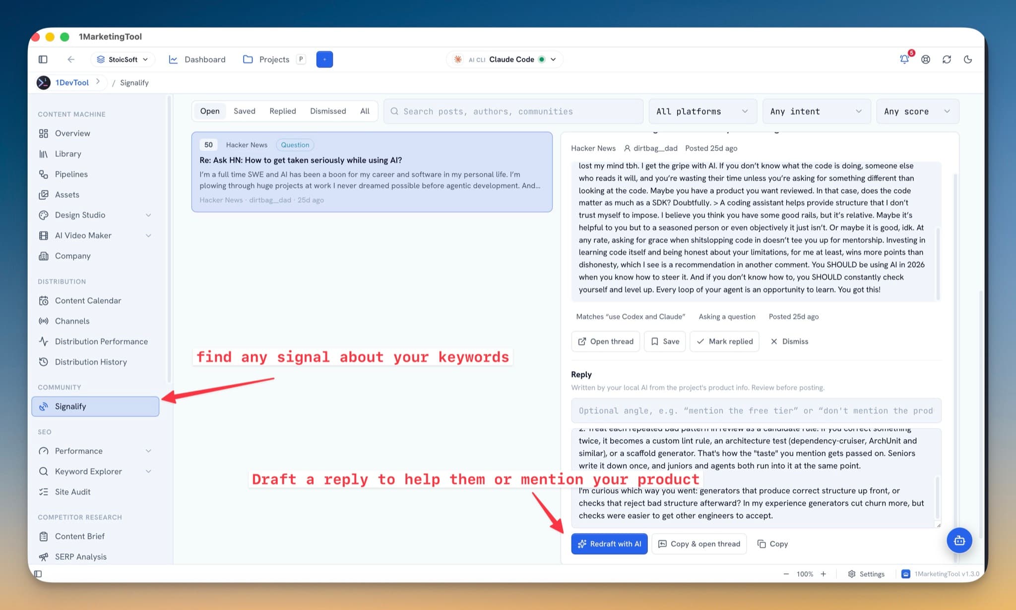 Signalify inbox showing a Hacker News question with a 50 intent score, the full post in the inspector, and an AI-drafted reply ready to copy