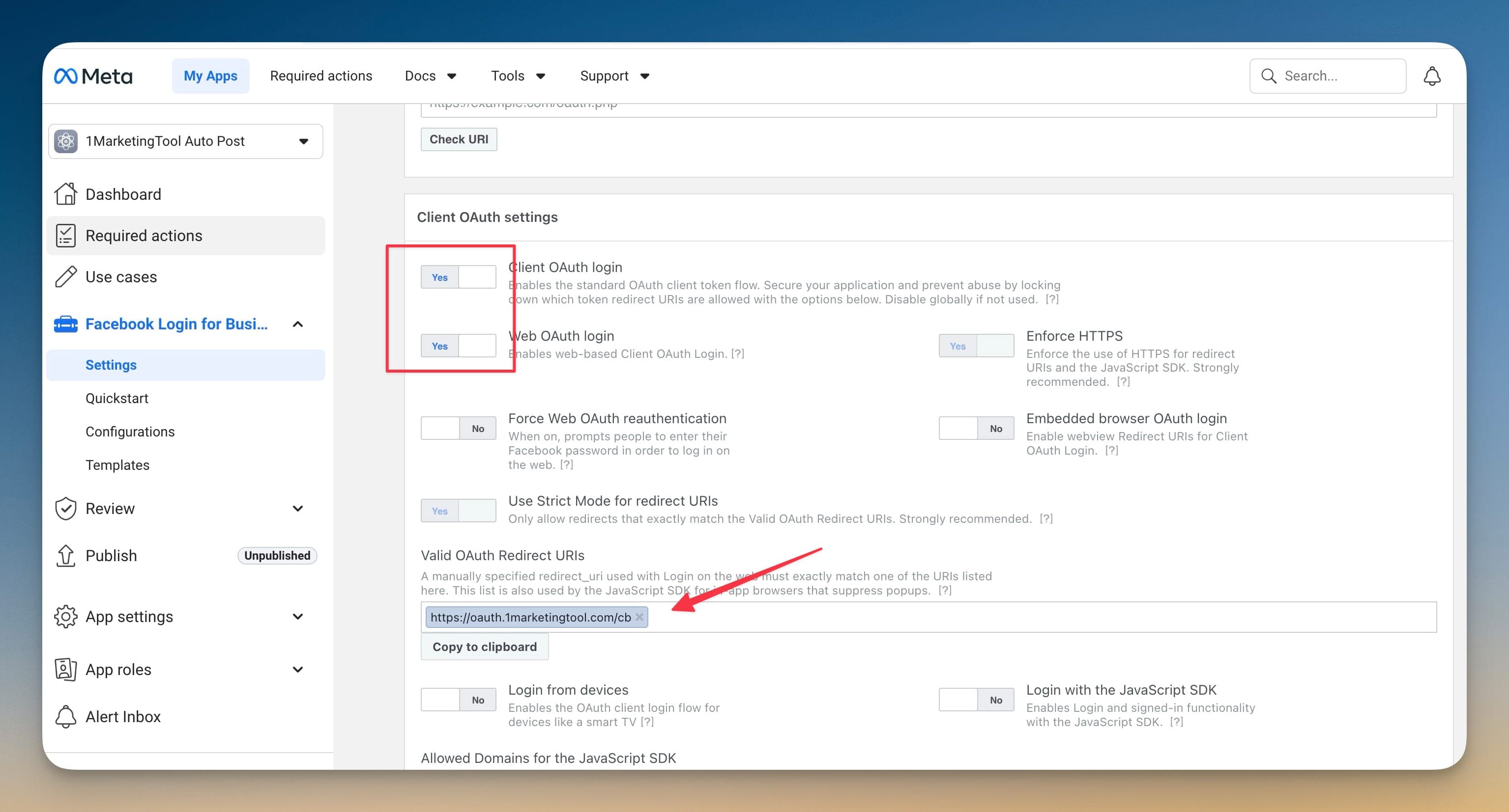 ตั้งค่า URI เปลี่ยนเส้นทาง OAuth ของ Facebook