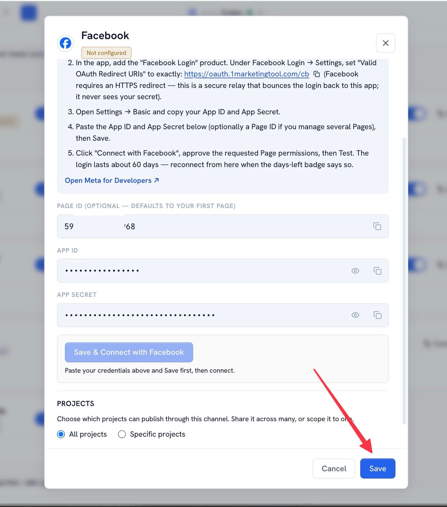 วางข้อมูลรับรอง Facebook ใน 1MarketingTool