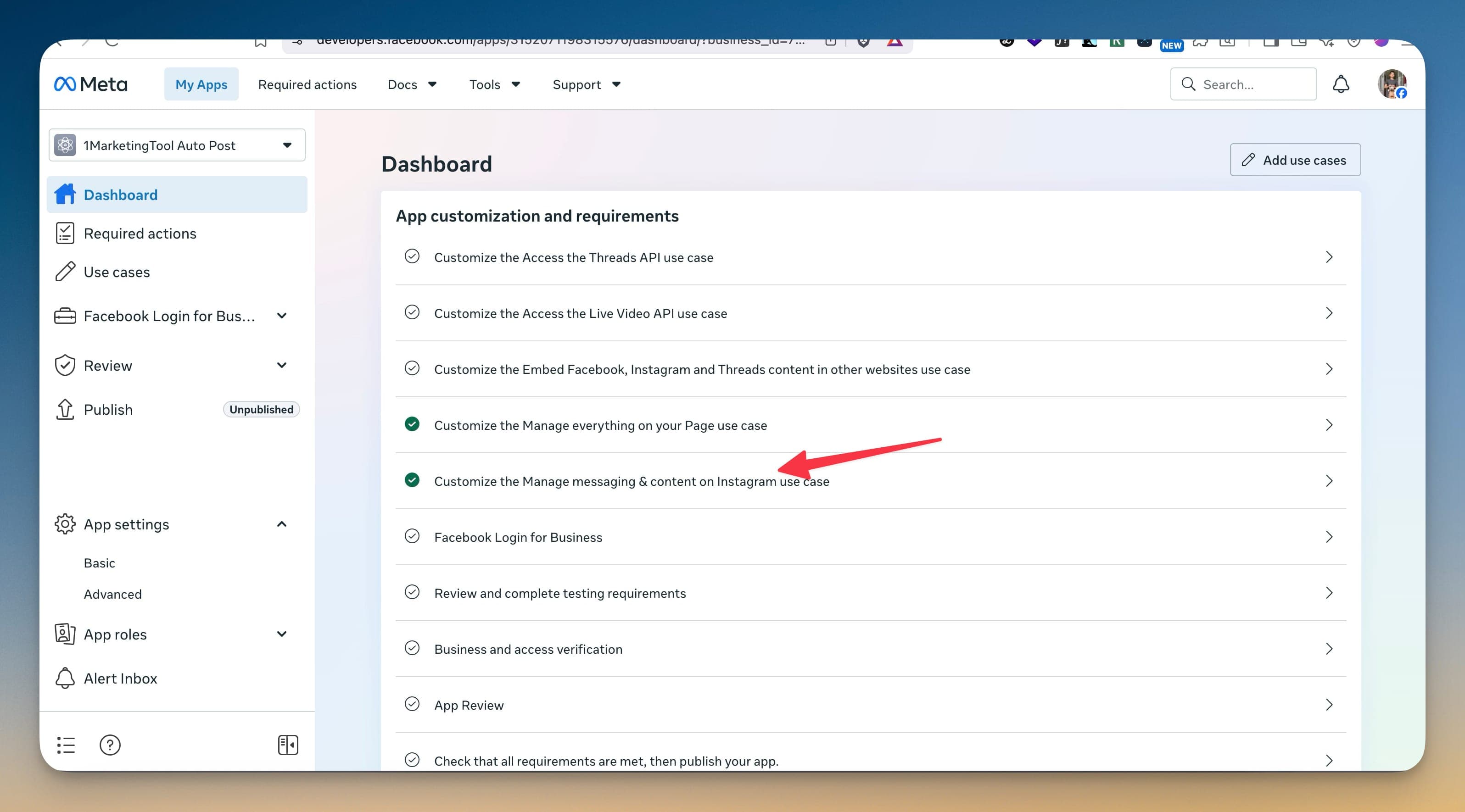 Mở Meta app dashboard