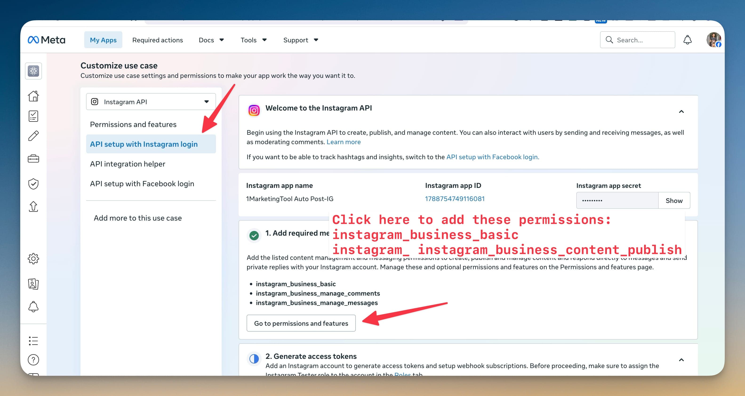 Mở API setup with Instagram business login và vào permissions