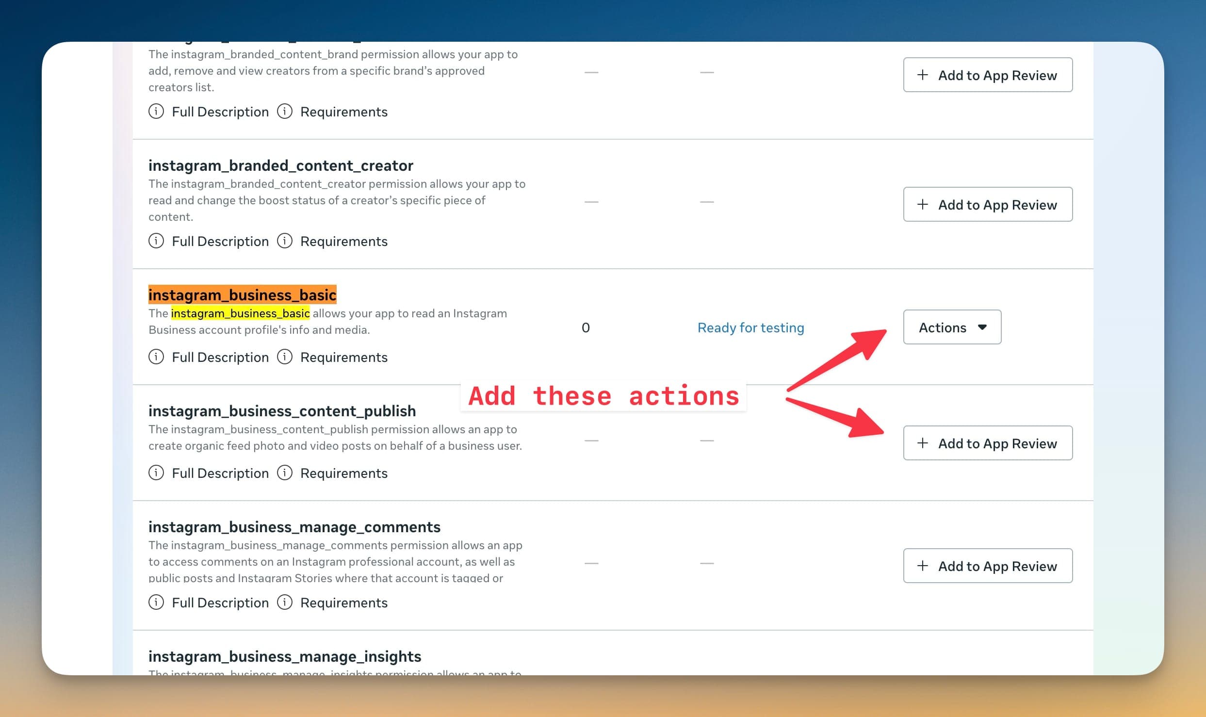 Xác nhận cả hai Instagram permission đã thêm