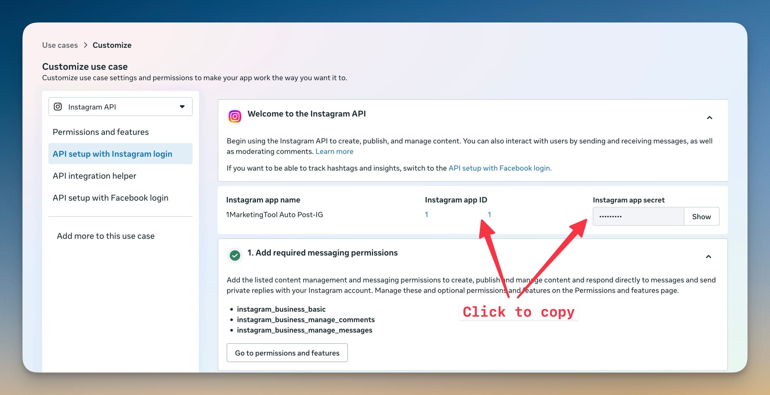 Copy Instagram App ID và App Secret