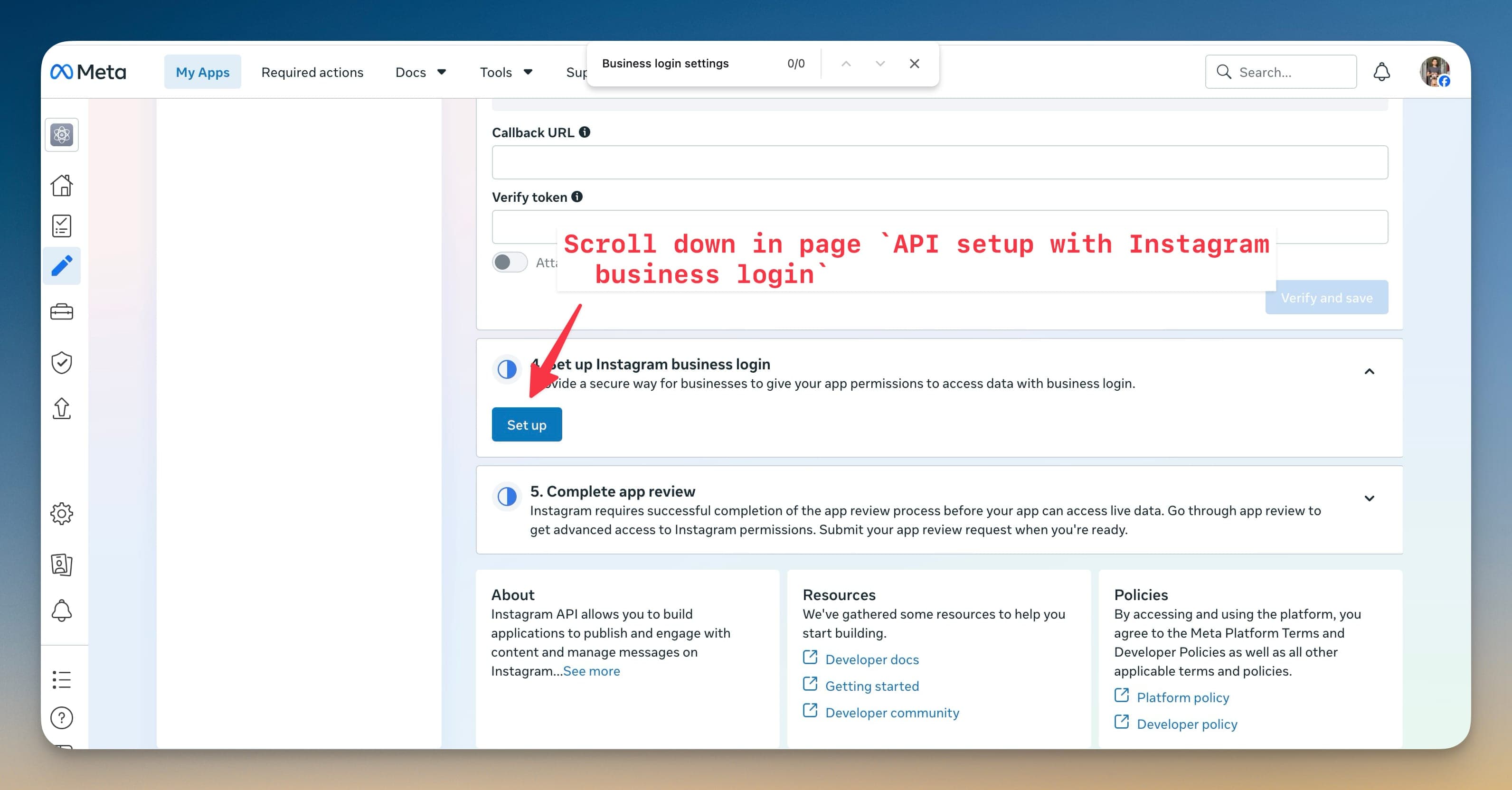 Tìm bước Set up Instagram business login
