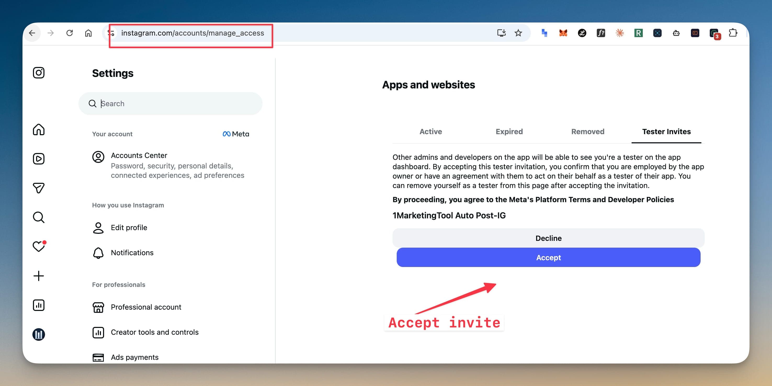 Chấp nhận lời mời tester trên Instagram