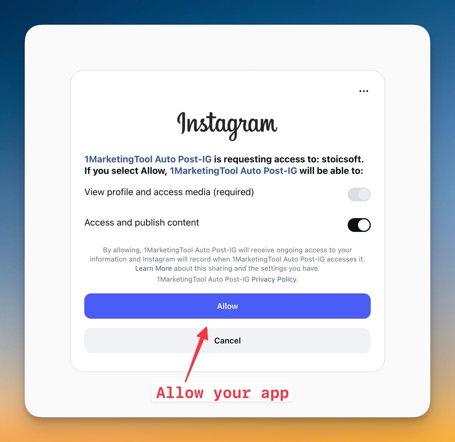 Authorize app trên màn hình consent của Instagram