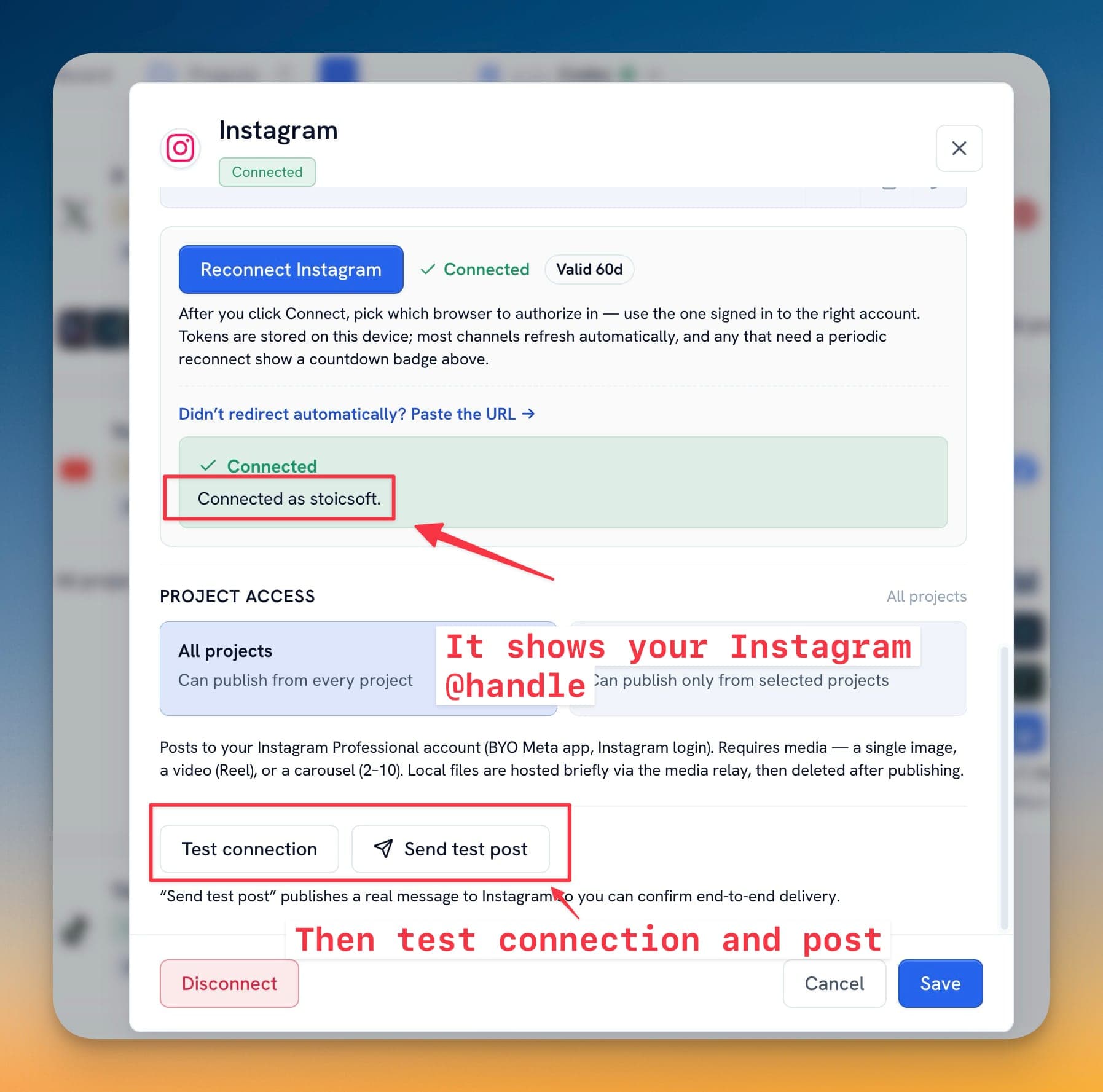 Xác nhận kênh Instagram đã kết nối và test