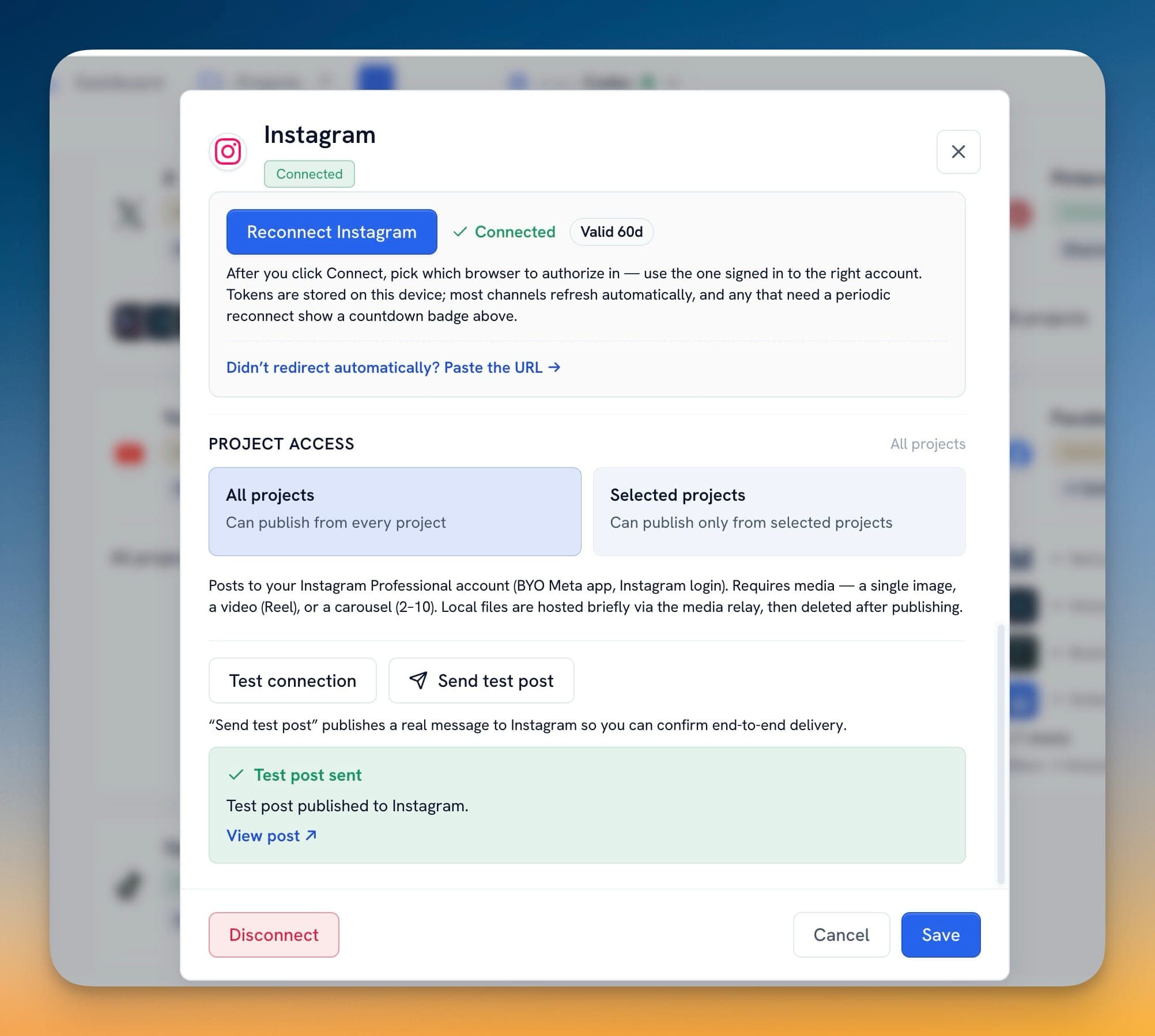 Xác nhận Instagram test post đã gửi