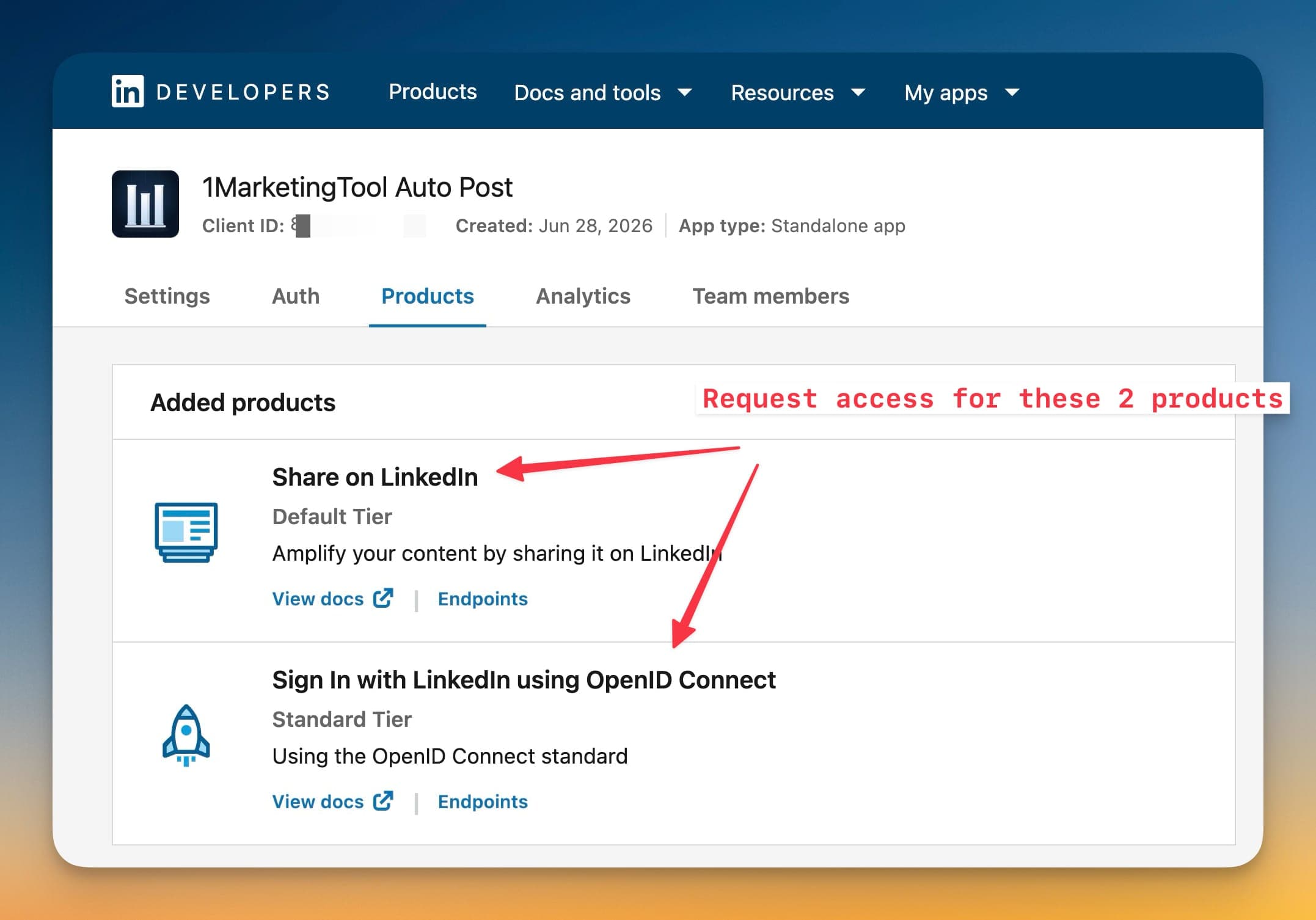 Thêm LinkedIn OpenID Connect và Share products