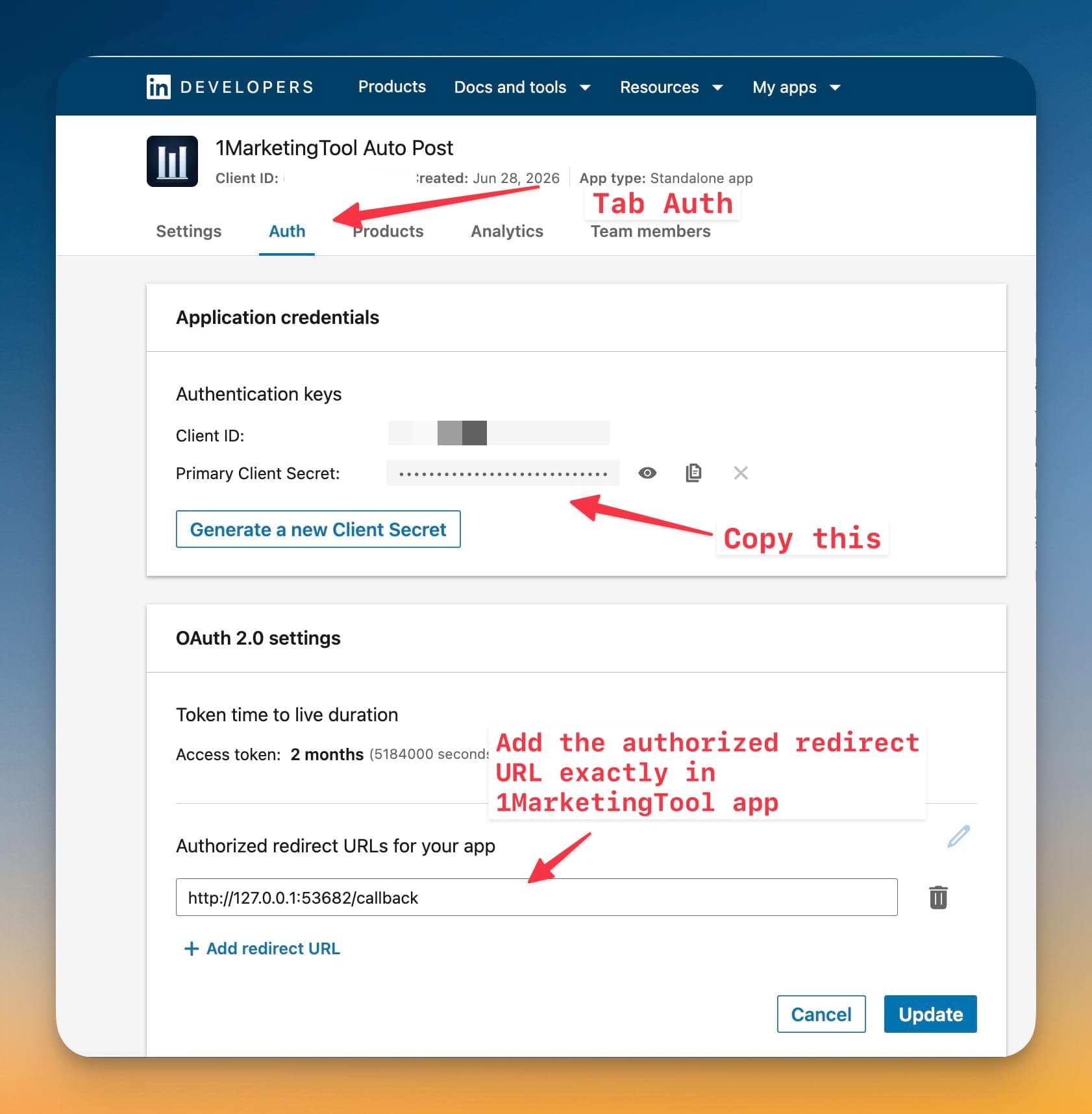 Copy LinkedIn client values và cấu hình redirect URL