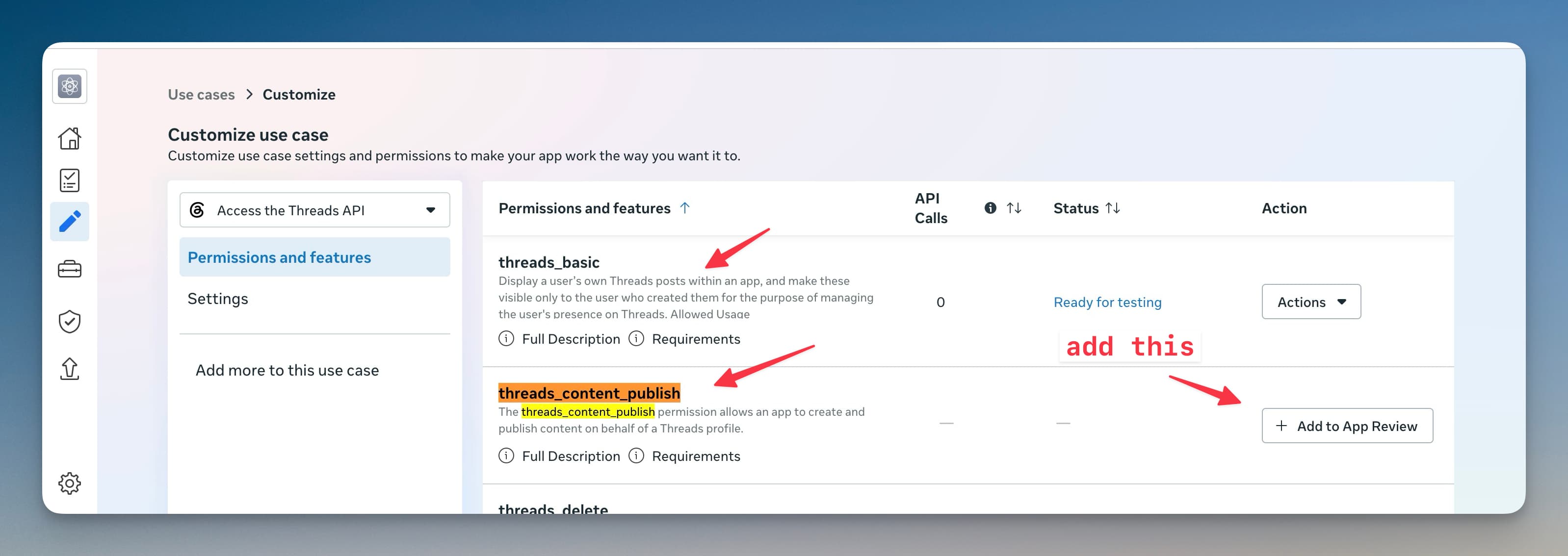 Thêm permission threads_basic và threads_content_publish