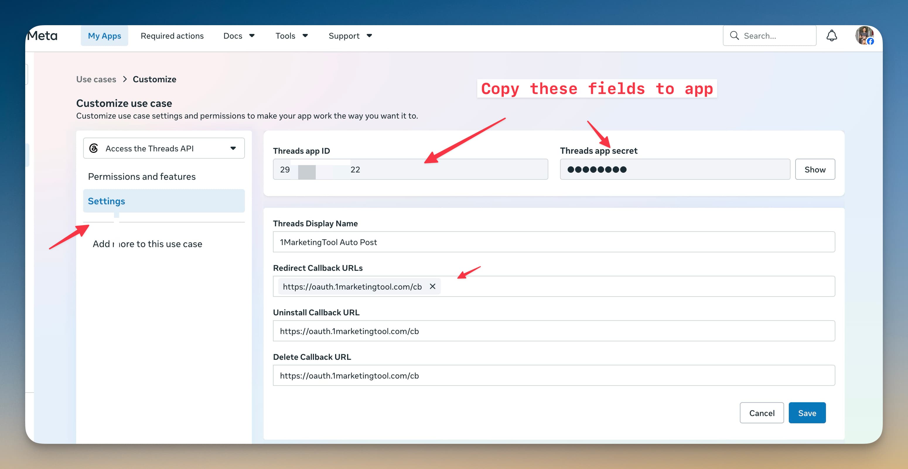 Đặt redirect callback URL và copy Threads App ID cùng Secret