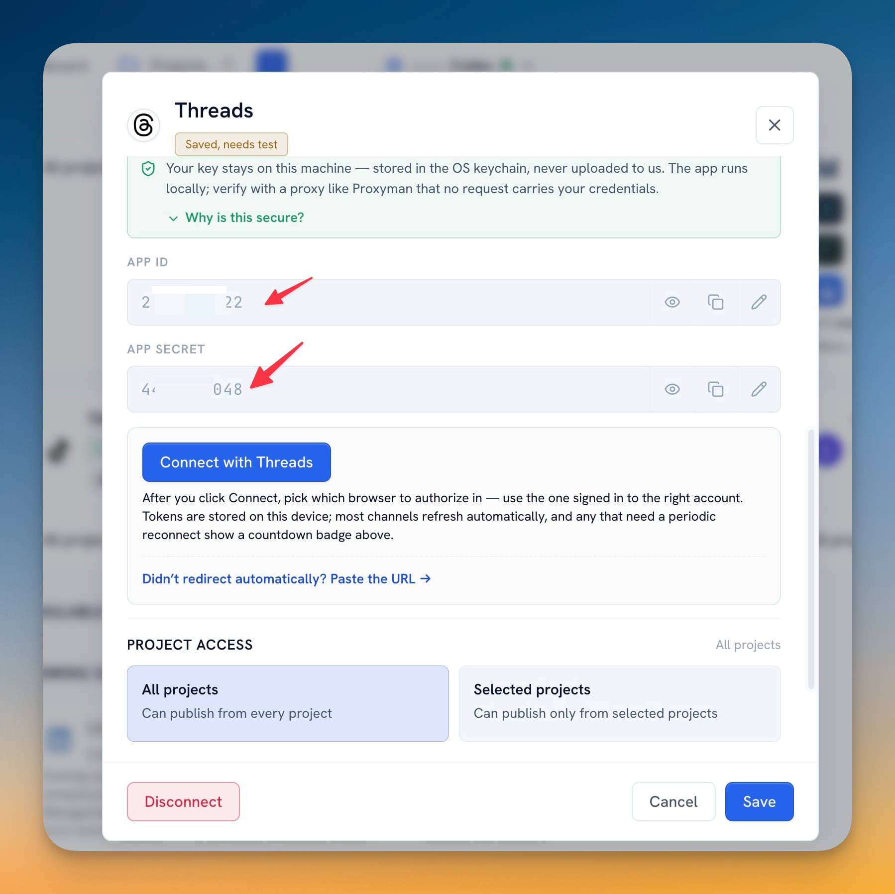 Paste Threads credentials vào 1MarketingTool
