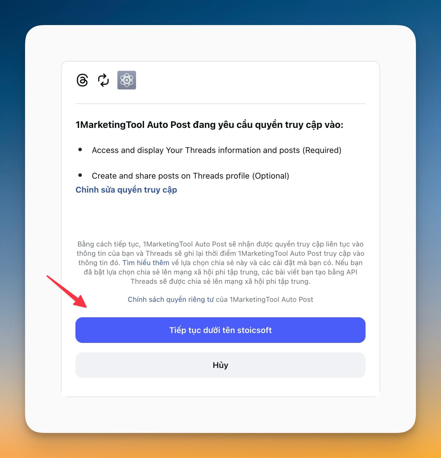 Authorize kết nối trên màn hình consent của Threads