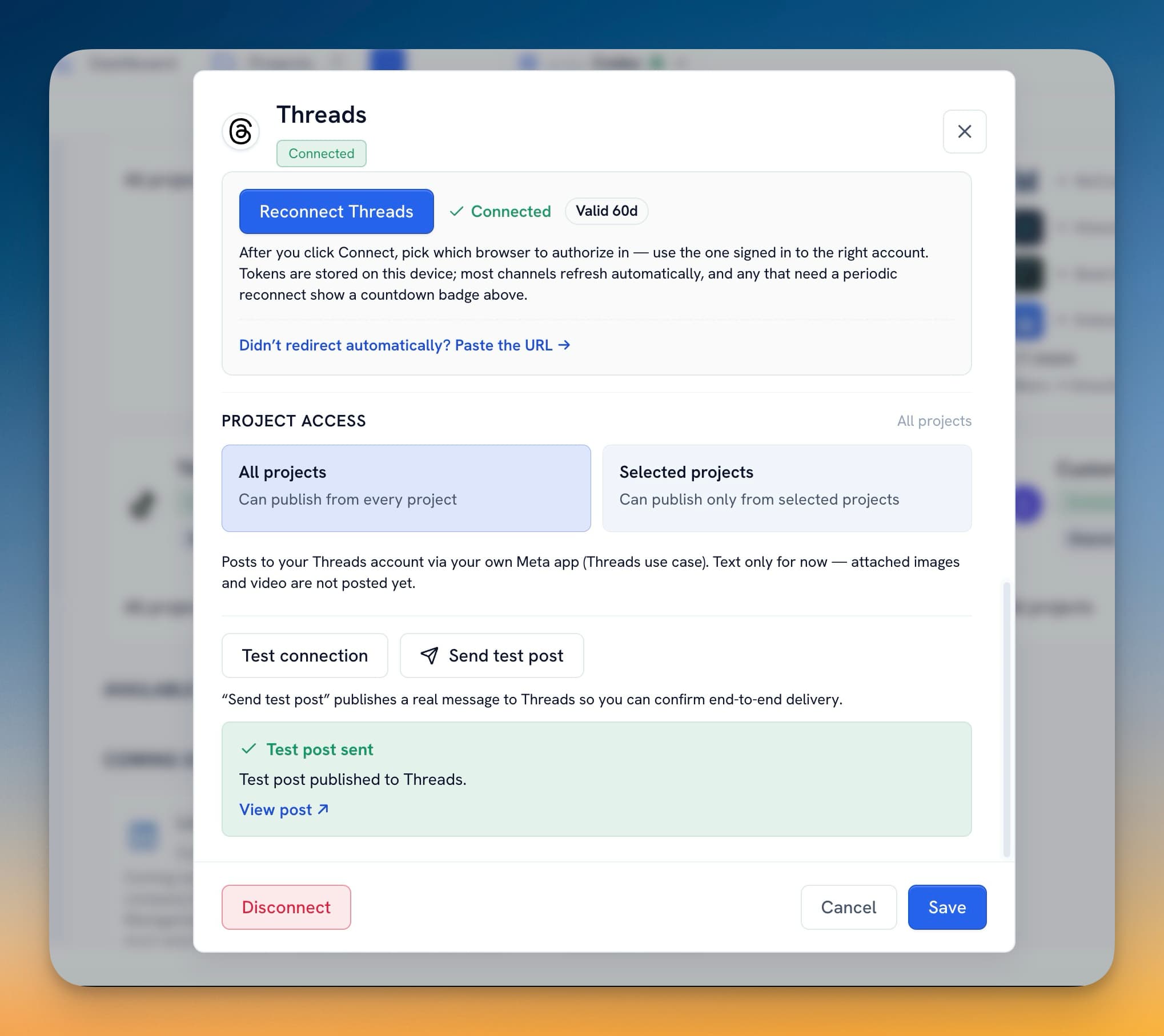 Xác nhận kênh Threads đã kết nối và test