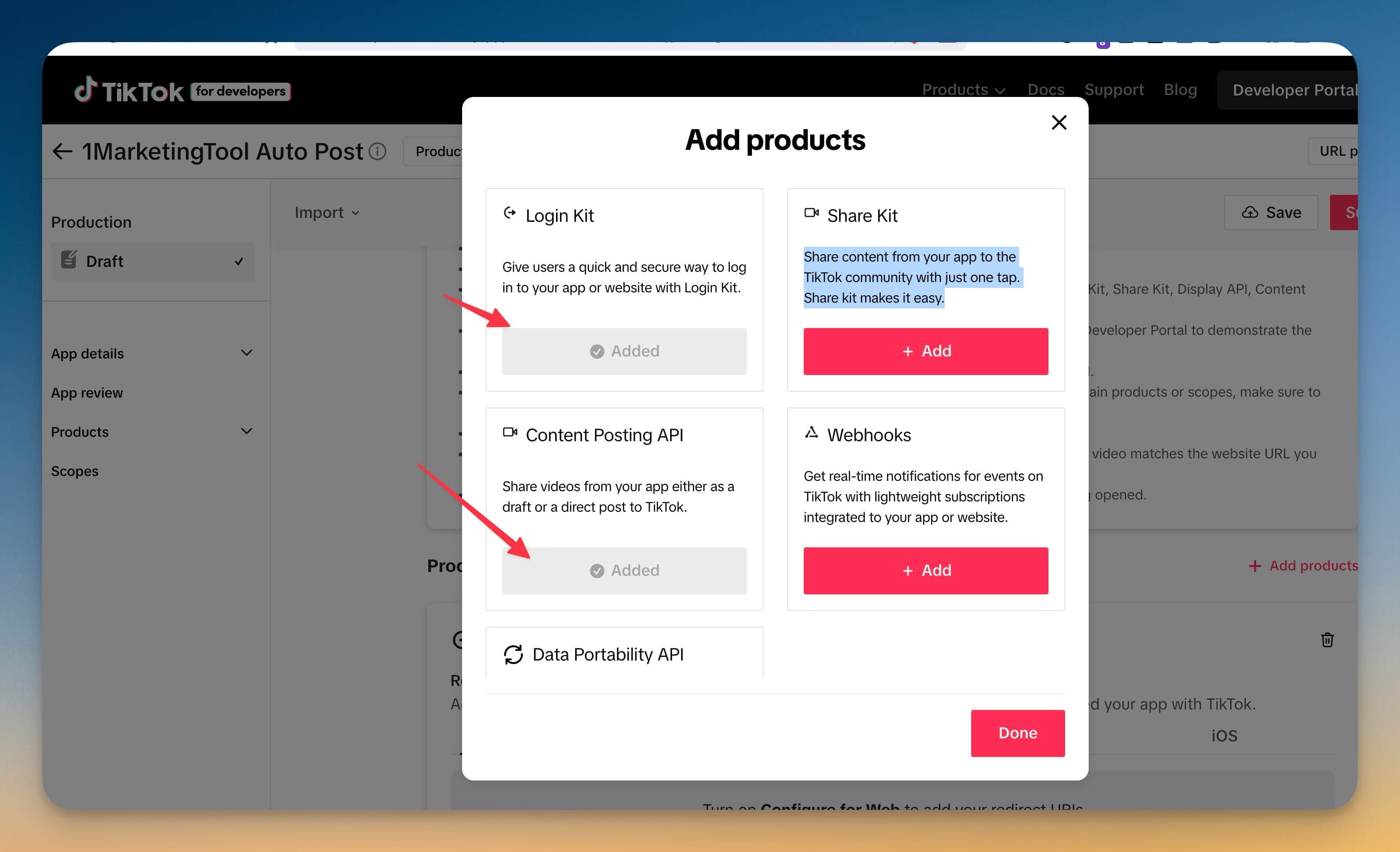 Valitse Login Kit ja Content Posting API