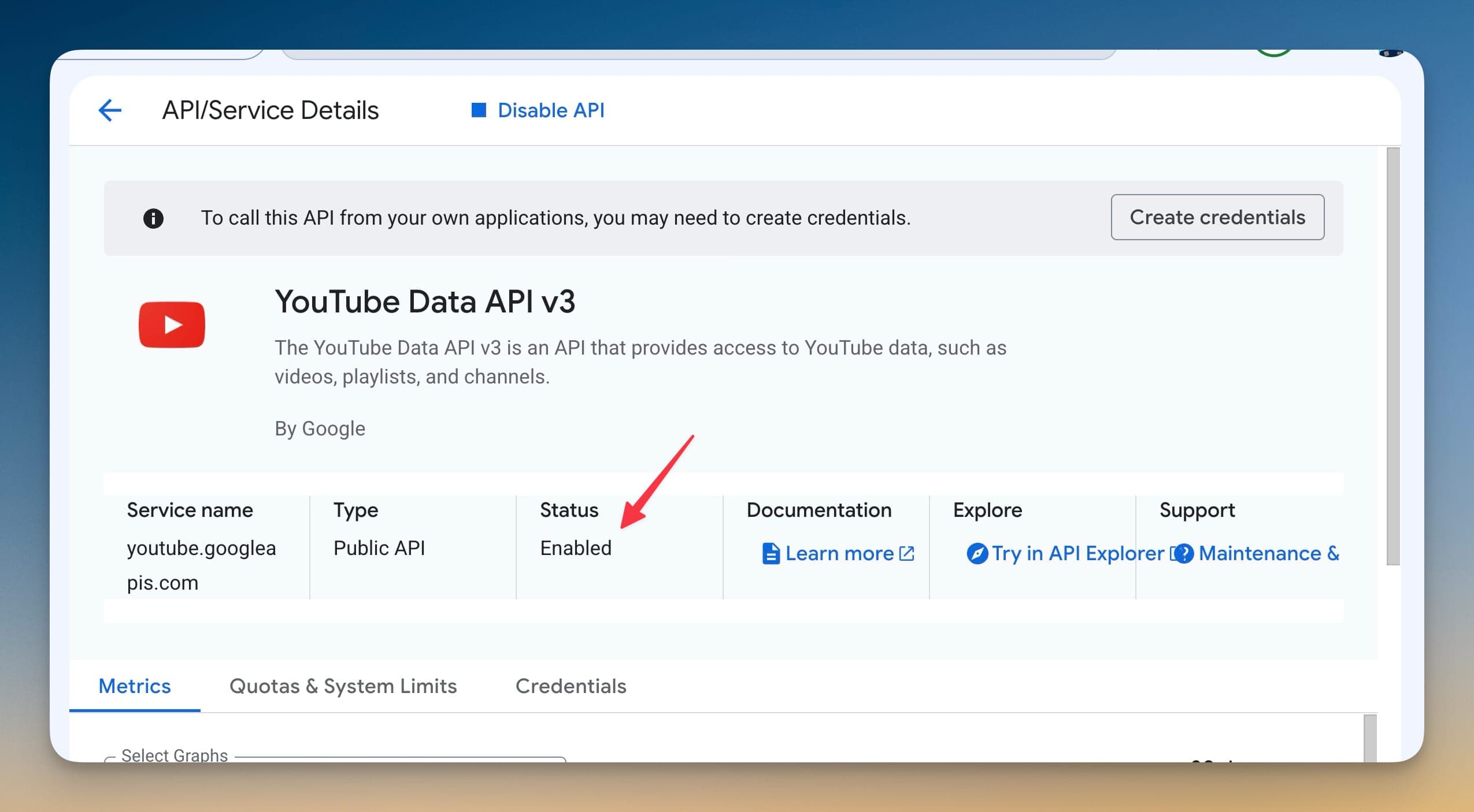 Bật YouTube Data API v3