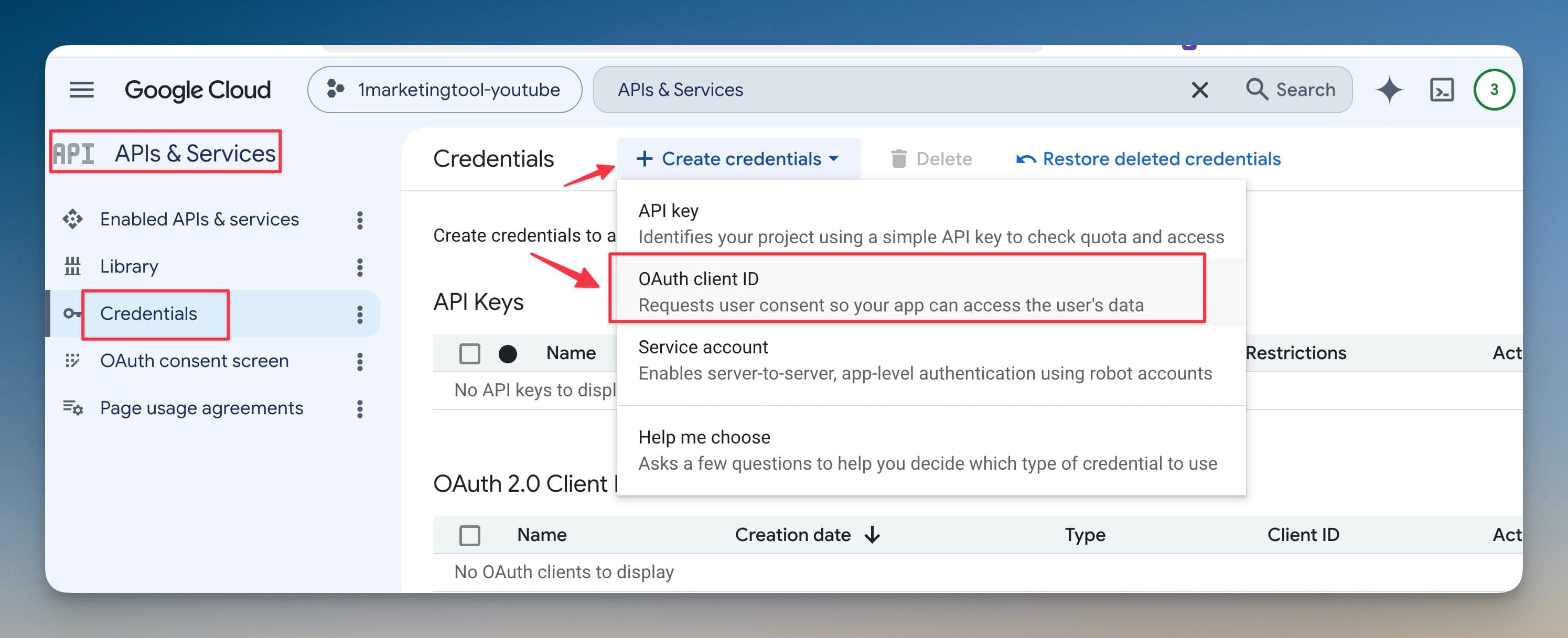 Tạo OAuth client ID credentials
