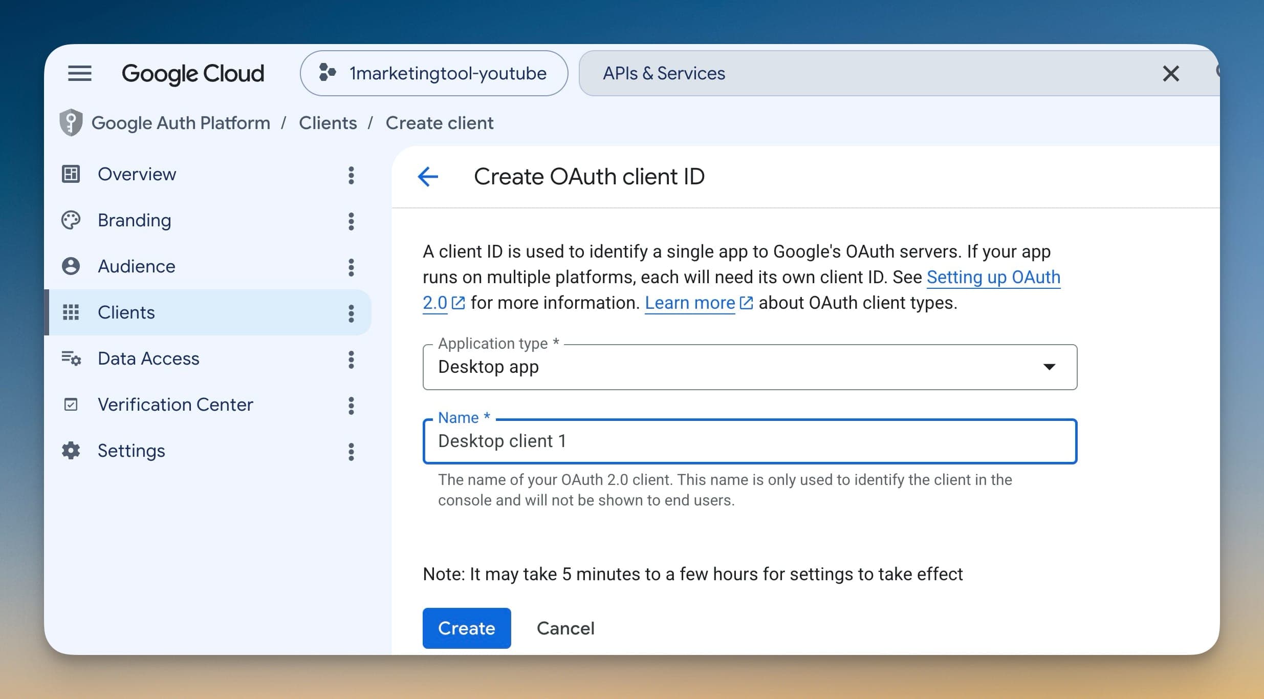 Tạo Desktop app OAuth client