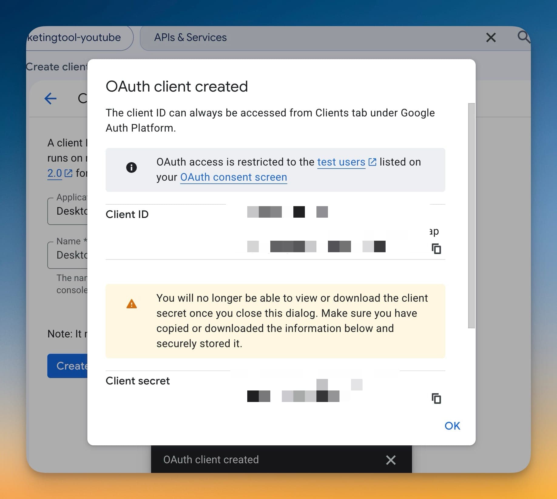 Copy YouTube OAuth client ID và secret