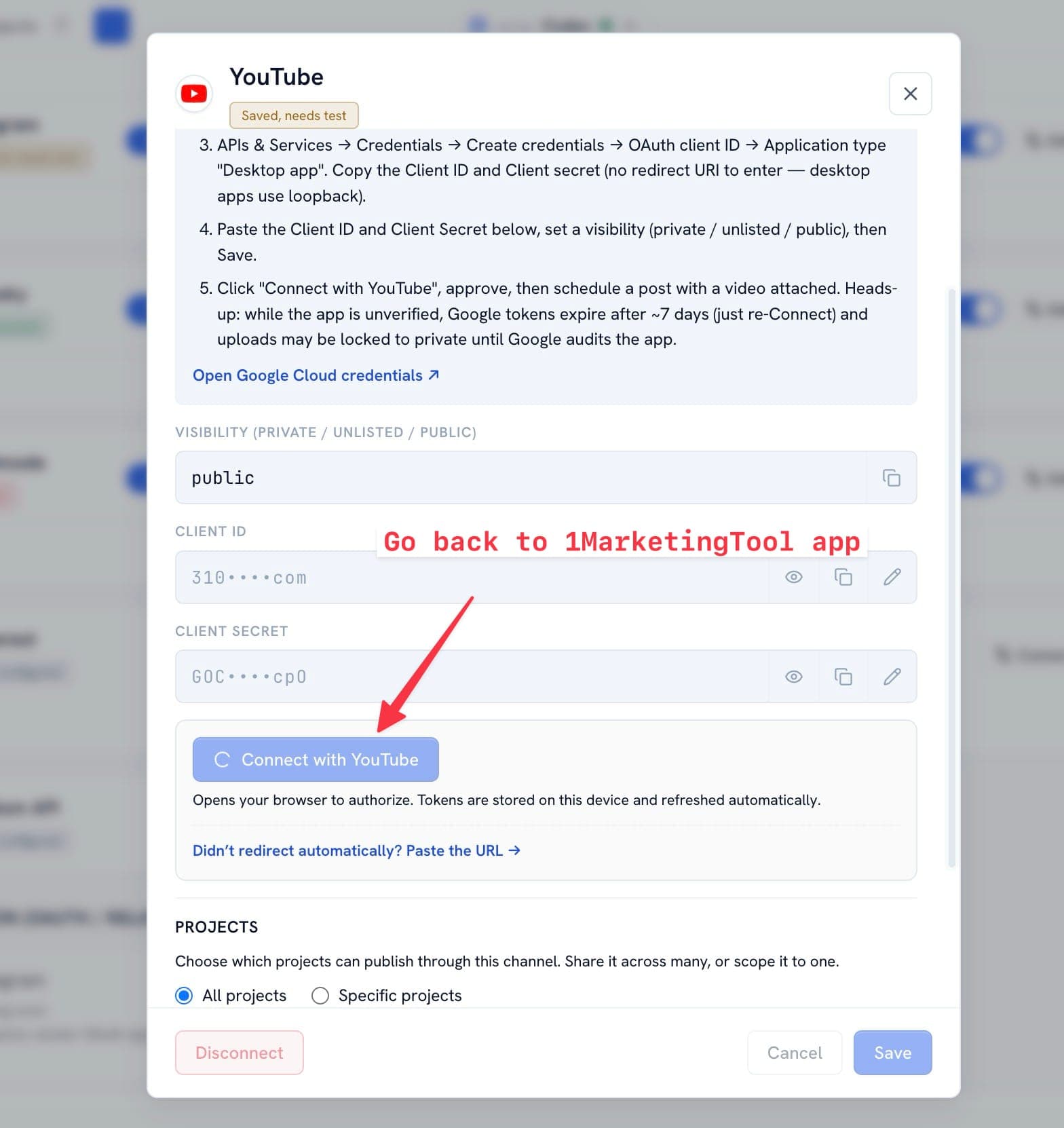Paste YouTube credentials và connect trong 1MarketingTool