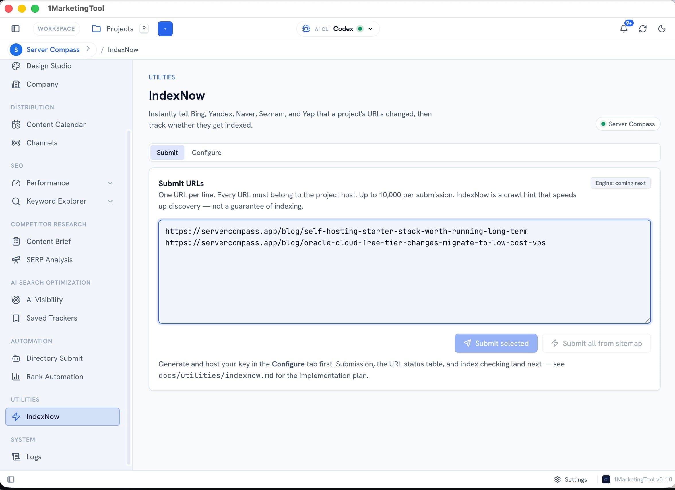แบบฟอร์มส่ง URL ของ IndexNow