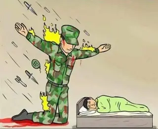 Soldier protecting sleeping child meme template